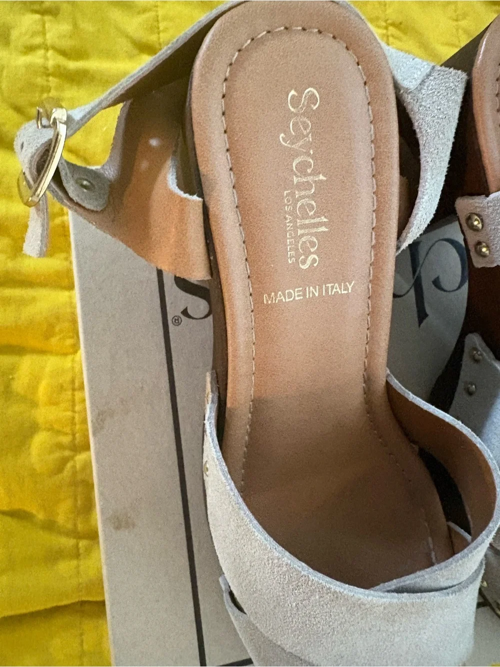 Seychelles Beige Suede Platform Sandals with Gold Studs